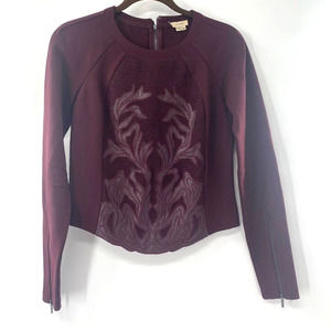 A. Moss Burgundy Embroidered Mesh Long Sleeve Zip Back Moto Ponte Top Size Small